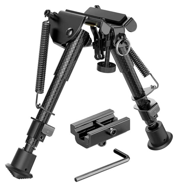 Buvele Carbon Bipod for sling swivel stud (height 15.2 – 22.9 cm) with Weaver/Picatinny adapter.