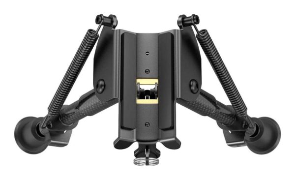Buvele Carbon Bipod for sling swivel stud (height 15.2 – 22.9 cm) with Weaver/Picatinny adapter.