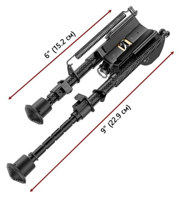 Buvele Carbon Bipod for sling swivel stud (height 15.2 – 22.9 cm) with Weaver/Picatinny adapter.