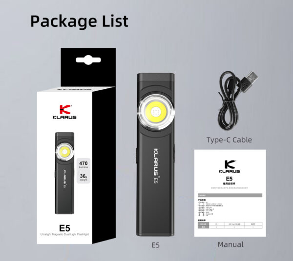 KLARUS E5 Magnetic EDC Flashlight – Ultra-Light Dual Light Pocket Flashlight with USB-C Charging