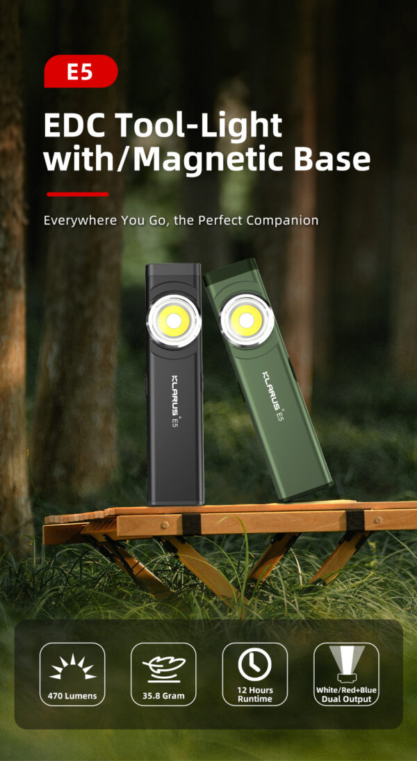 KLARUS E5 Magnetic EDC Flashlight – Ultra-Light Dual Light Pocket Flashlight with USB-C Charging